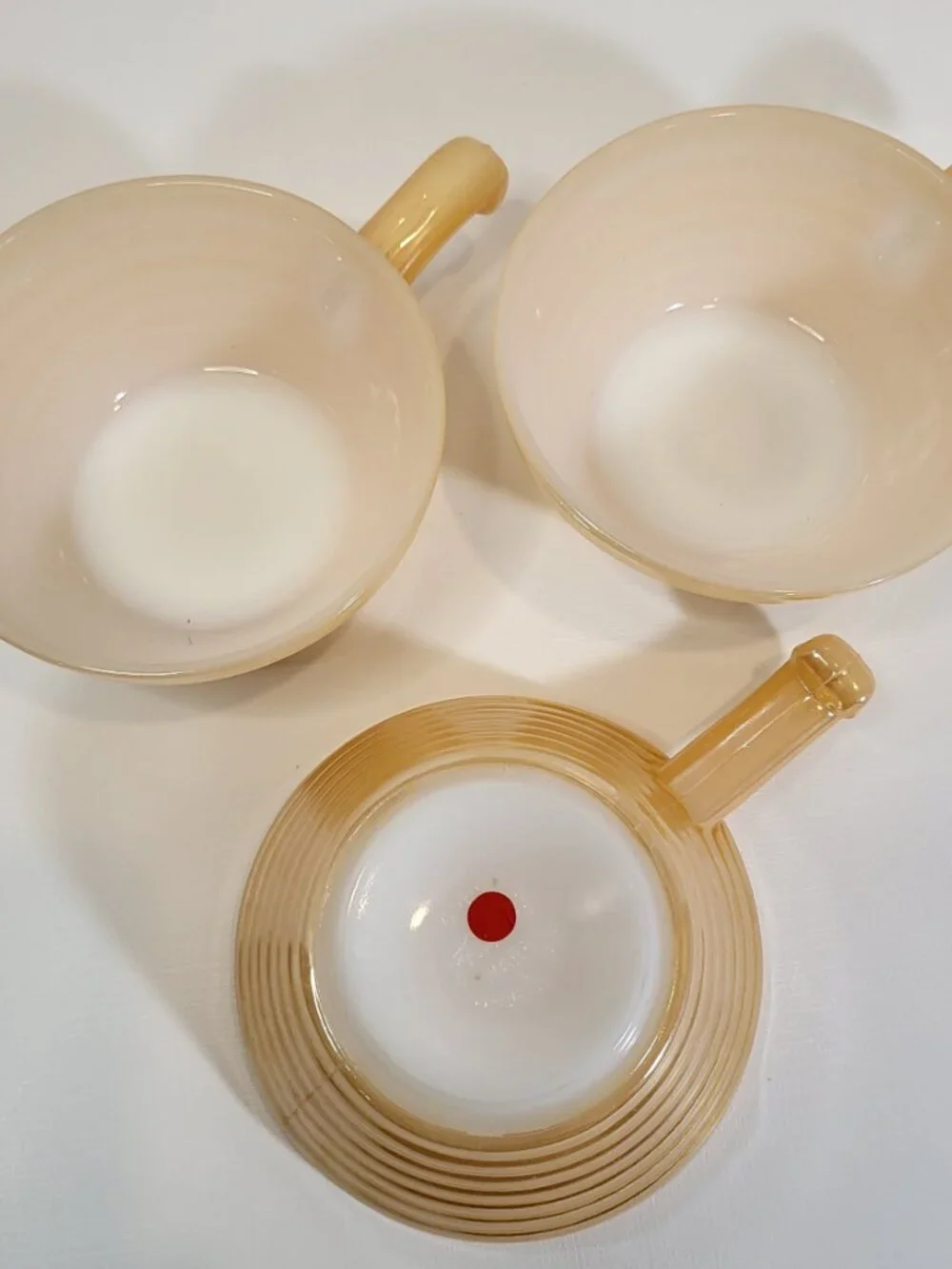 Set of 3 Vintage Fire-King Peach Luster Beehive Handled Soup Bowls
